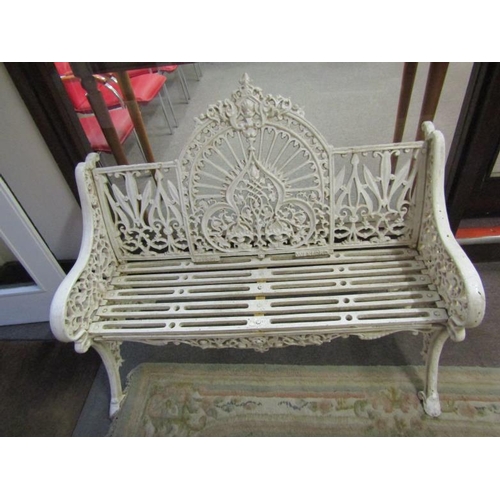 290 - Pair of Victorian style cast iron garden benches with domed backs, scroll decoration, stamped 'Pierc... 