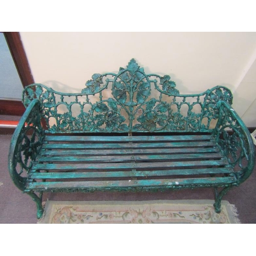 292 - Coalbrookdale style cast iron garden bench with ornate leaf foliate decoration, timber slats, on sha... 