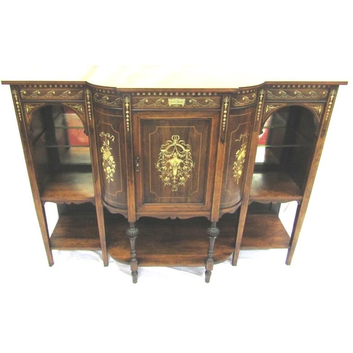 30 - Edwardian rosewood breakfront sideboard with ornate scroll and foliate inlay, central press, shelved... 