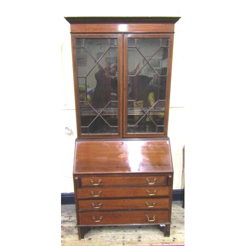 40 - Edwardian inlaid mahogany bureau bookcase with glazed doors, shelved interior, the bureau with fall-... 