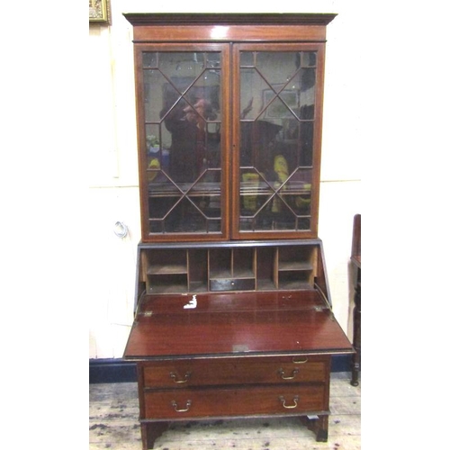 40 - Edwardian inlaid mahogany bureau bookcase with glazed doors, shelved interior, the bureau with fall-... 