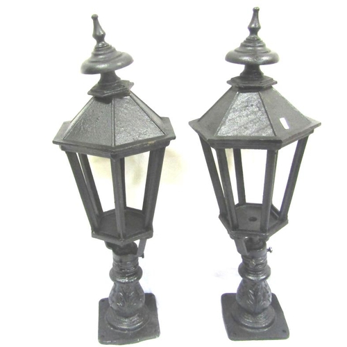 59 - Pair of cast iron hexagonal shaped angled post light shades H80