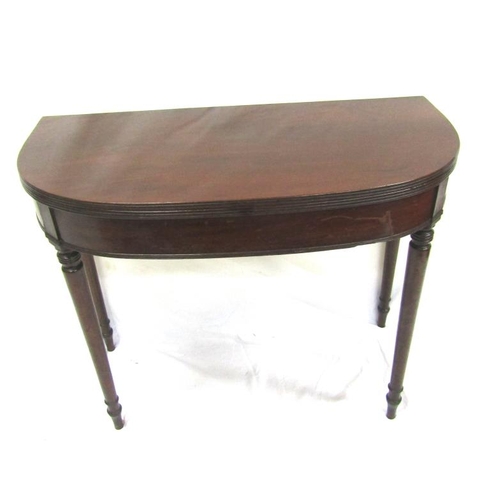 75 - Regency mahogany tea table with fold-over top, gateleg support, reeded borders, on turned tapering l... 