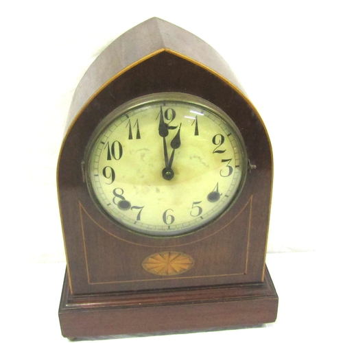 52 - Edwardian Sheraton style inlaid mahogany domed mantle clock with shell inlaid panel, circular brass ... 