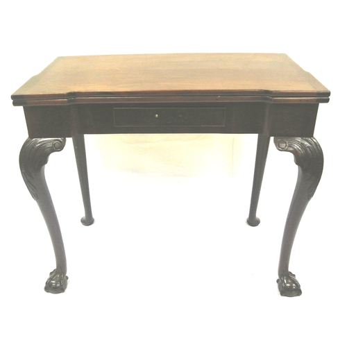 51 - Georgian mahogany card table with swivel fold-over top, leather inset, on scroll carved cabriole leg... 