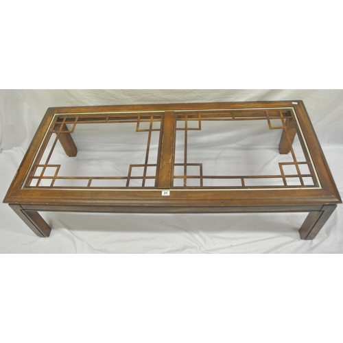 21 - Edwardian style oblong coffee table with glazed insets, on bracket feet H36X140X65