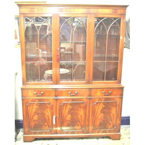25 - Edwardian design mahogany two tier bookcase with dentil frieze, astragal glazed doors, shelved inter... 