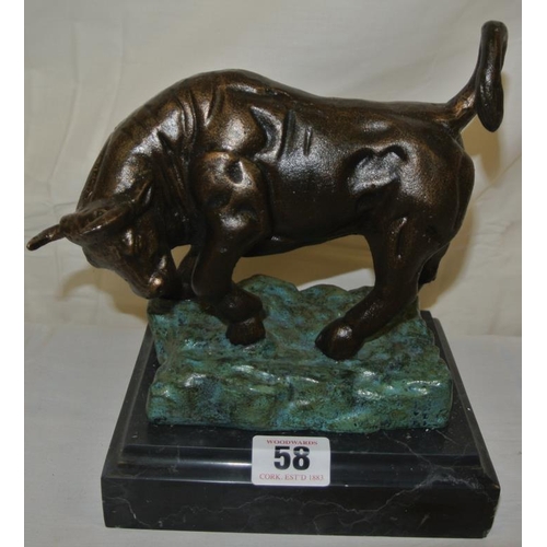 58 - Ornate French style statue of a bronzed bull, on marble base
