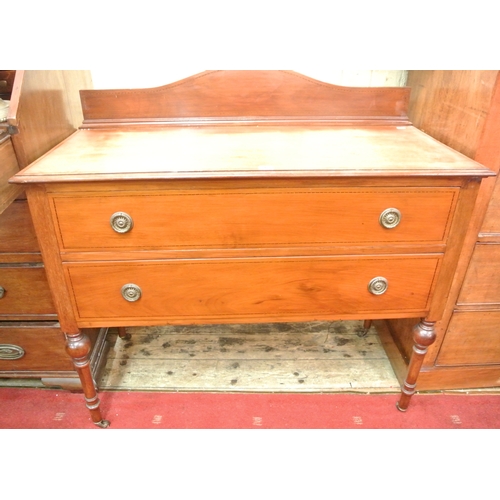 45 - Edwardian inlaid mahogany hall or side table with shaped back, two drawers with brass drop handles, ... 