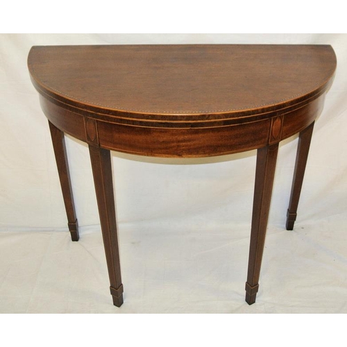 115 - Edwardian inlaid walnut demi lune tea table with fold-over top, gateleg supports, bone and string in... 