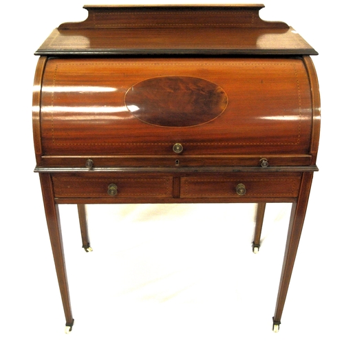 80 - Edwardian Sheraton style inlaid and crossbanded mahogany cylinder topped desk with oval inlaid panel... 