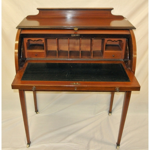 80 - Edwardian Sheraton style inlaid and crossbanded mahogany cylinder topped desk with oval inlaid panel... 