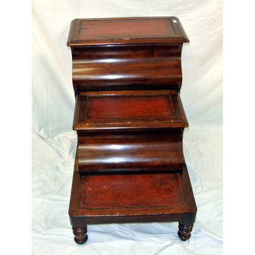 14 - Victorian mahogany library steps with leatherette inset, lift up lids and drawers, on turned legs