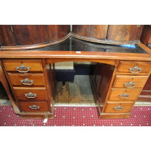 20 - Edwardian pedestal desk with leather top, eight pedestal drawers with ornate brass drop handles, on ... 
