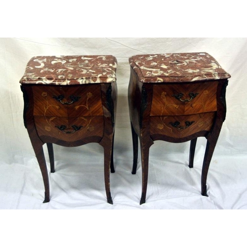 29 - Pair of Louis XV style inlaid walnut commode chests  with shaped marble tops, 2 drawers, ormolu moun... 