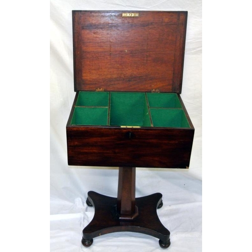 34 - William IV mahogany and walnut teapoy or work table with lift-up lid, sectioned interior, on hexagon... 