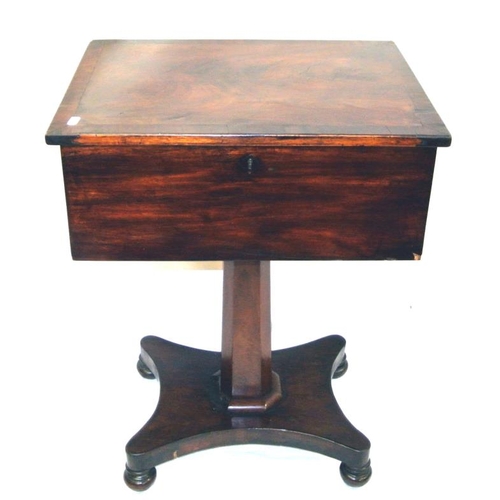 34 - William IV mahogany and walnut teapoy or work table with lift-up lid, sectioned interior, on hexagon... 