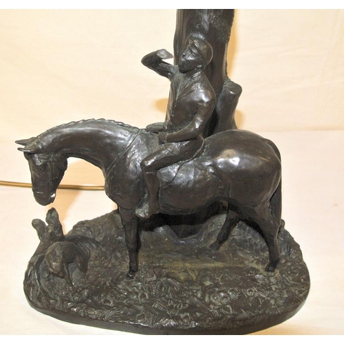 52 - Bronzed electric lamp decorated with horse and jockey, etc