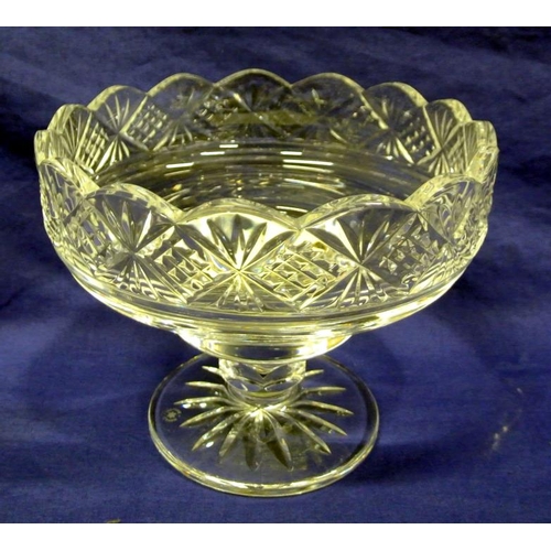 59 - Cavan crystal circular raised flower bowl with wavy rim, hexagonal stem with circular base