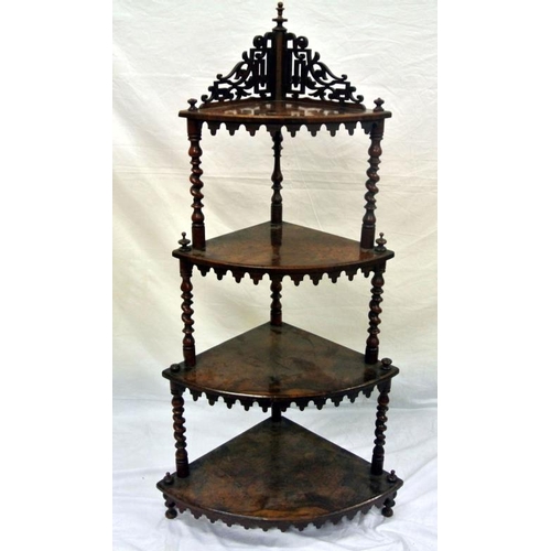 10 - Victorian four tier whatnot with bow fronted shelves and barleytwist columns
