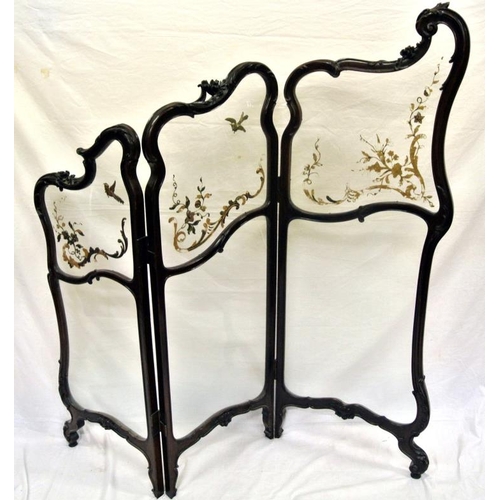 36 - Ornate Victorian mahogany framed triple folding screen with ornate foliate decoration and shaped leg... 