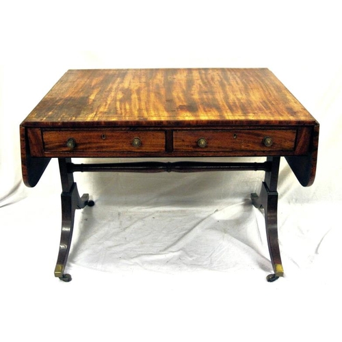 35 - Edwardian inlaid mahogany sofa table with drop leaves, rounded corners, pull-out supports, frieze dr... 