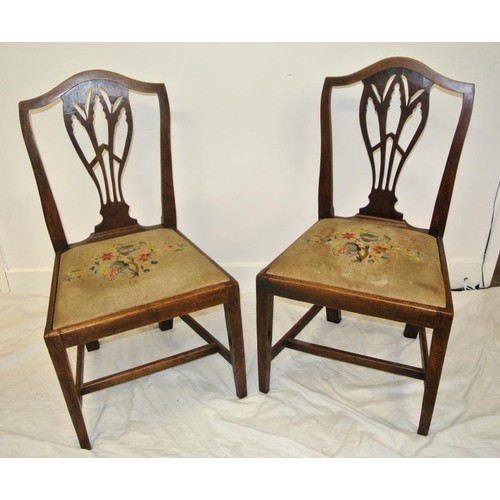 441 - Pair of Georgian oak occasional chairs with pierced splats, foliate upholstery, on square legs with ... 