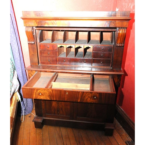 27 - Edwardian mahogany bureau or cabinet with pull-out secretaire, upper panel enclosing an interior fit... 