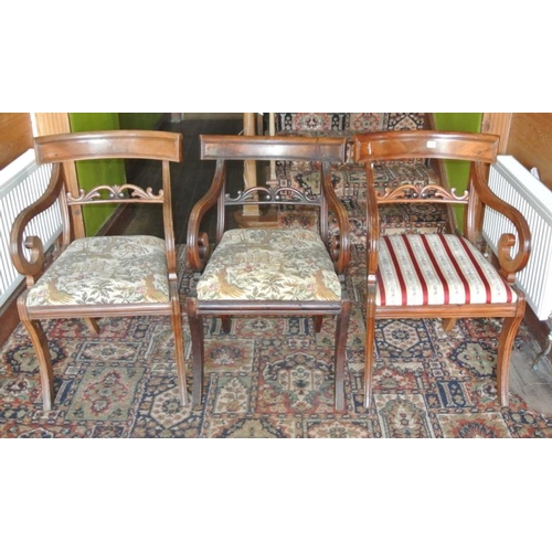 305 - Set of three Regency style open armchairs with bowed reeded rails, scroll arms, Regency stripe uphol... 