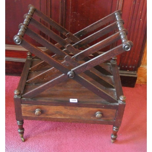 348 - Victorian mahogany three section canterbury with X-shaped frame, turned rails, frieze drawer with bu... 