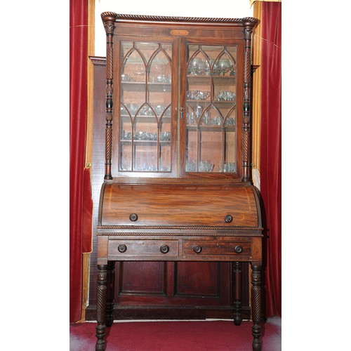 390 - Georgian inlaid mahogany cylinder fronted bureau bookcase with rope edge frieze, balloon columns, wi... 