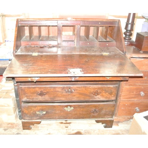 214 - Georgian mahogany bureau with fall-down front, pull-out supports, interior fitted with drawers and p... 