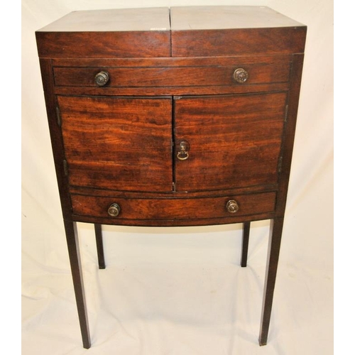 55 - Edwardian inlaid mahogany bow-fronted washstand with fold-out top, press and drawer under with turne... 