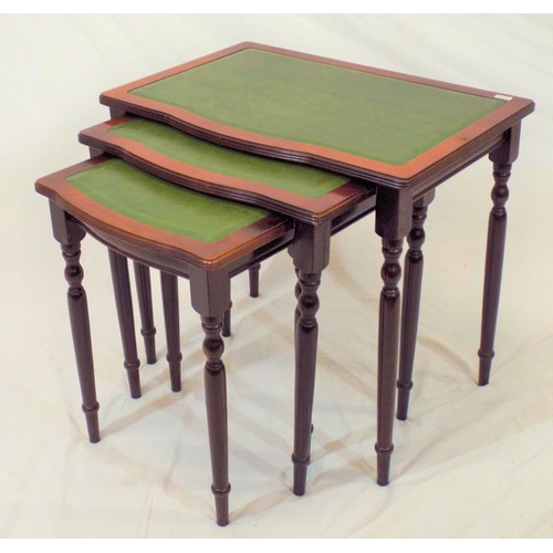 16 - Nest of three Edwardian style bow fronted tables with reeded borders and turned legs