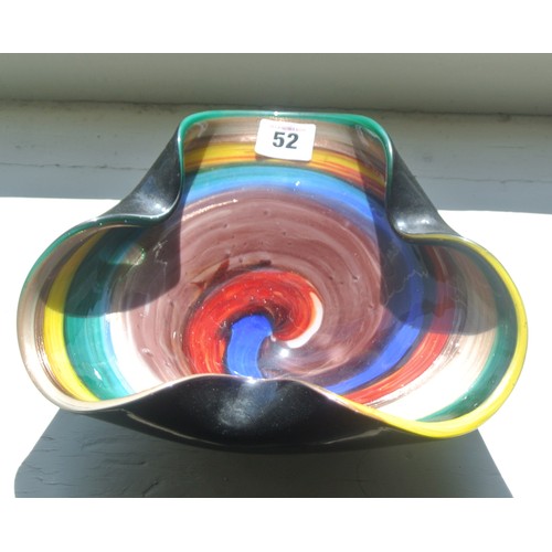 52 - Handcrafted multi-coloured shaped bowl with rim, together with a glass flower vase