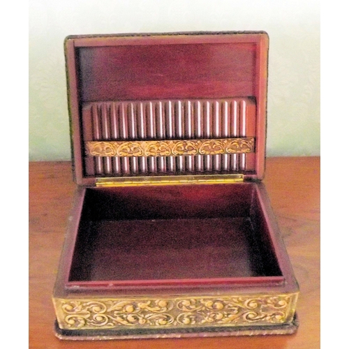 10 - Leather bound timber stationery or jewellery box with figured and bird decoration