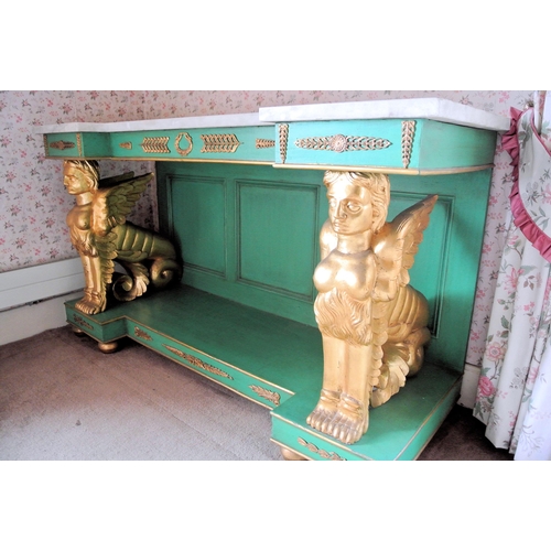 103 - Napoleonic style breakfront console table with shaped marble top, ornate ormolu mounts, sphinx gilde... 