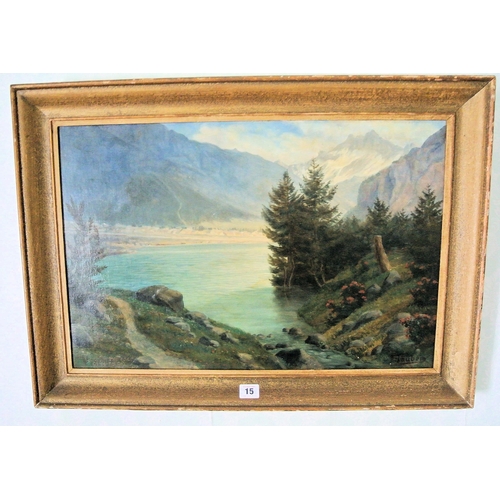 15 - E. Tauber 'Continental lakeside scene with trees' oil on canvas 38x58cm  signed