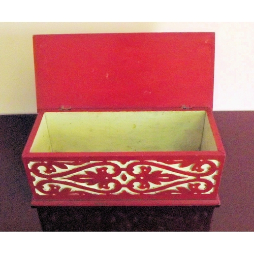 21 - Painted timber jewellery or stage box with lid and ornate carved decoration