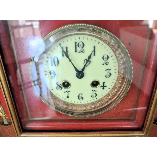 213 - Japanese timber bracket clock with round brass framed enamel dial, bird and scenic decoration, on br... 