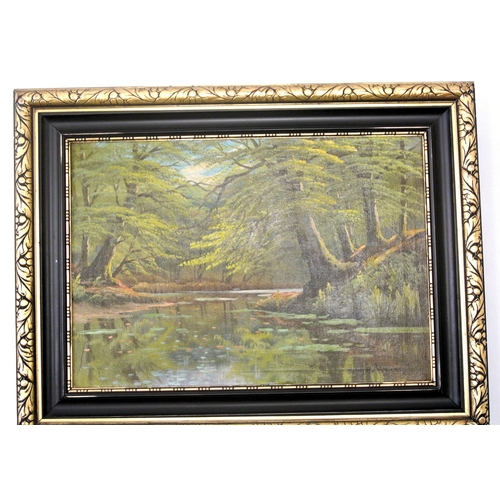 233 - Continental School 'Peaceful study of trees by a river' oil on canvas, signed