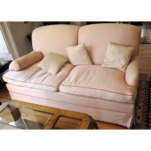 248 - Pair of two seater upholstered settees with square tapering legs and castors