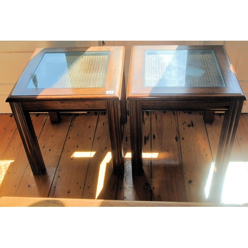 251 - Pair of fine  Edwardian square occasional or lamp tables with glass insets, on square shaped legs