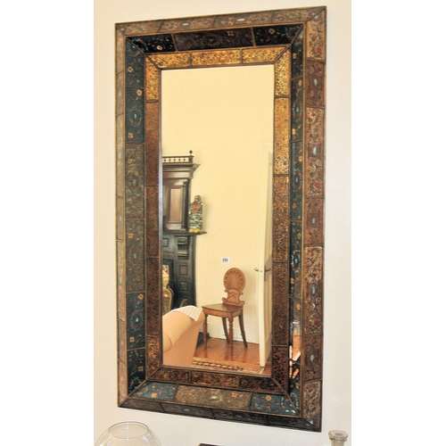 255 - Ornate oblong wall mirror with foliate decorated rear painted glazed panels inset