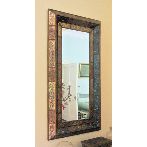 255 - Ornate oblong wall mirror with foliate decorated rear painted glazed panels inset