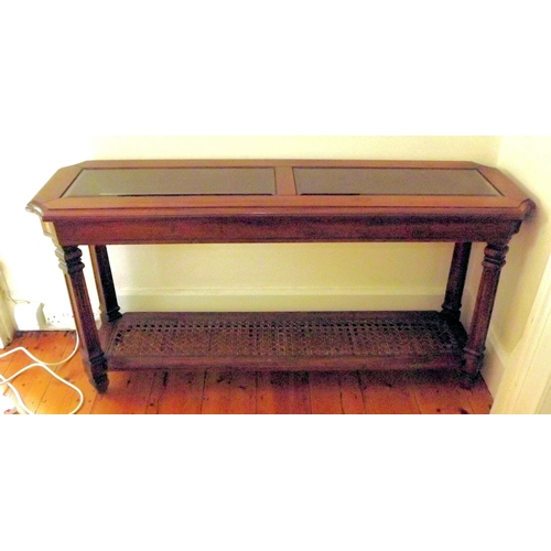 260 - Oblong mahogany hall or side table with bevelled glass inset, wicker base, square tapering columns, ... 