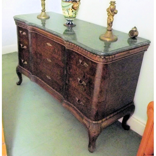 5 - Louis XV style marble topped sideboard with four shaped drawers with brass escutcheons and handles, ... 