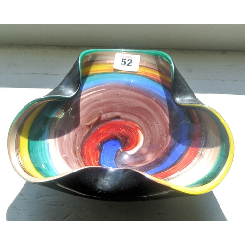 52 - Handcrafted multi-coloured shaped bowl with rim, together with a glass flower vase