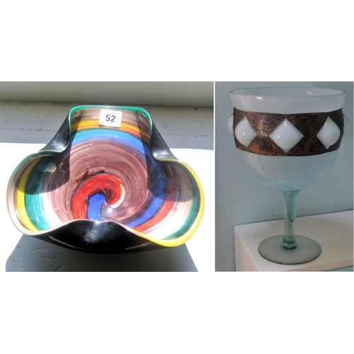 52 - Handcrafted multi-coloured shaped bowl with rim, together with a glass flower vase