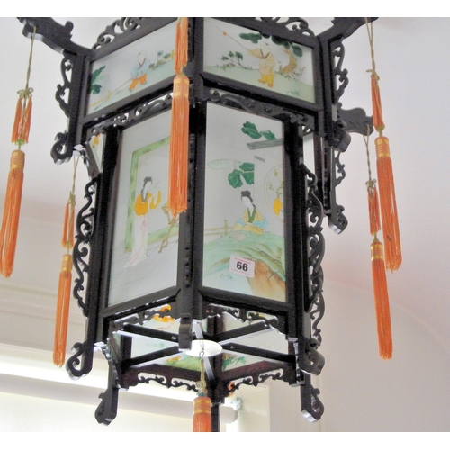 66 - Japanese hexagonal carved timber framed hanging hall light, inset hand painted panels decorated with... 